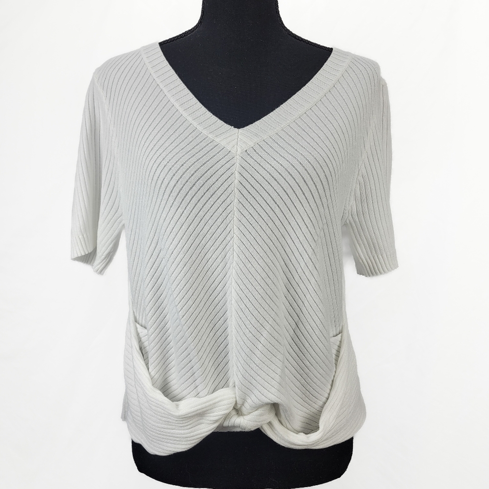 Takara Women's V-Neck Ribbed Short Sleeve Top - White Cream